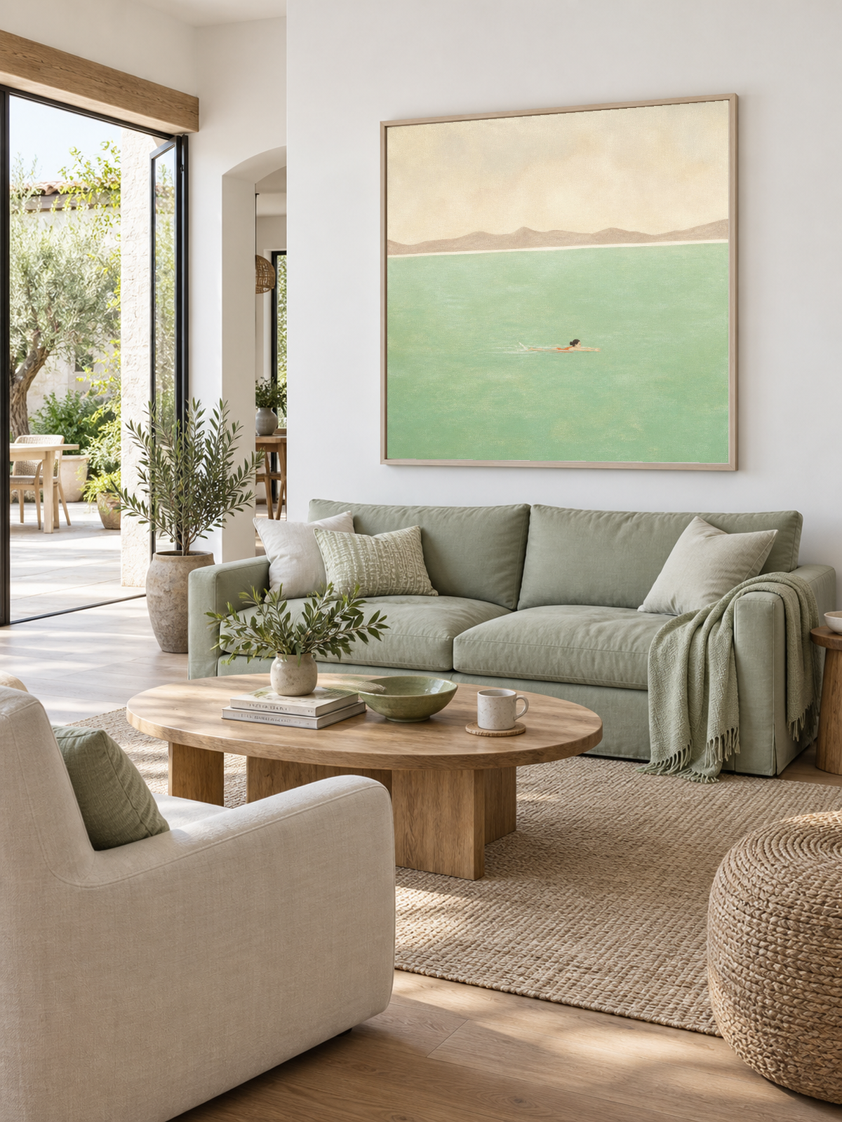 Hand-Painted Pale Green Sea Swimmer Canvas Wall Art With Mountain Horizon