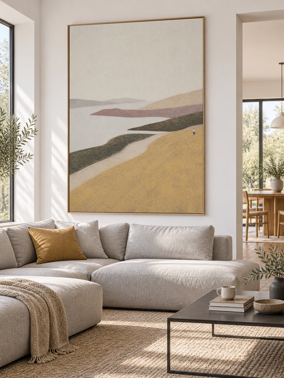 Large Golden Lakeside Canvas Art With Lone Figure For Living Room Decor