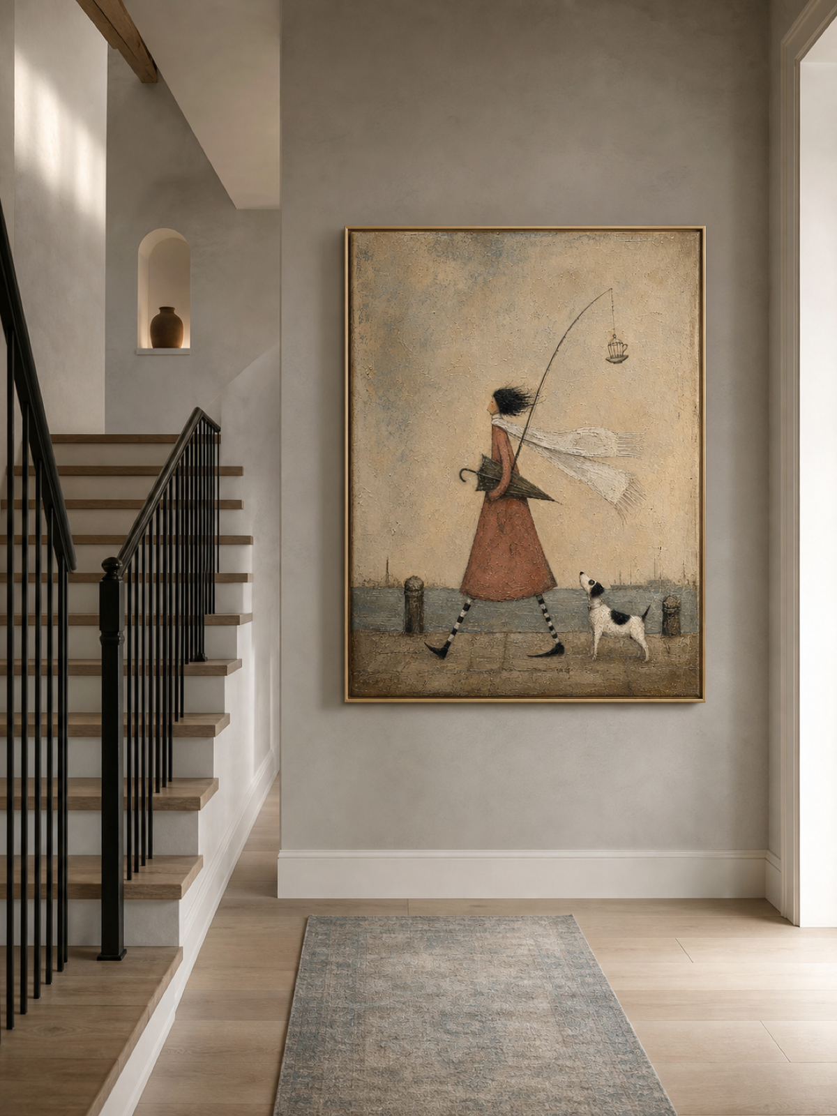 Whimsical Coastal Girl With Dog Painting Original Art For Living Room Decor
