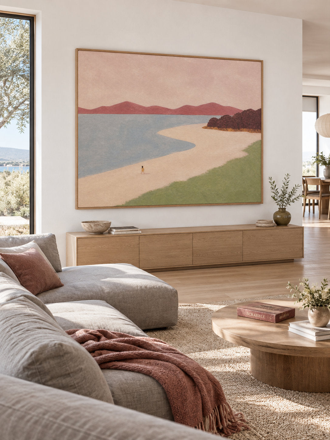 Neutral Dusty Blue Beach Canvas Art With Lone Walker For Modern Bedroom Decor