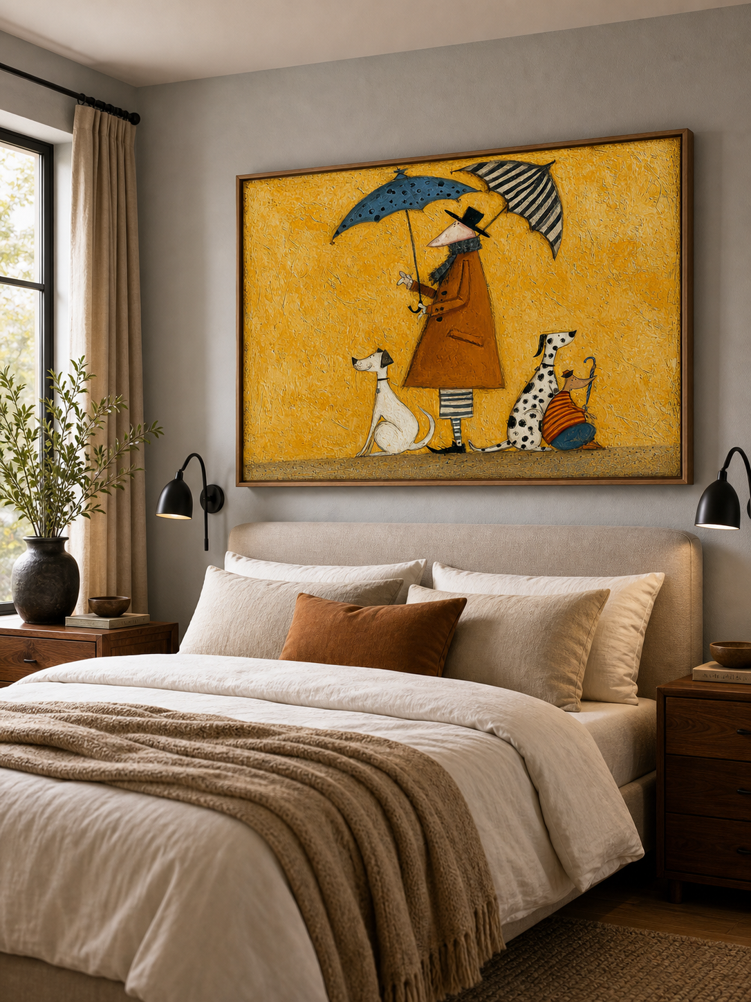 Whimsical Abstract Figure With Dogs Under Umbrellas Original Oil Painting On Linen Canvas For Eclectic Interior Decor
