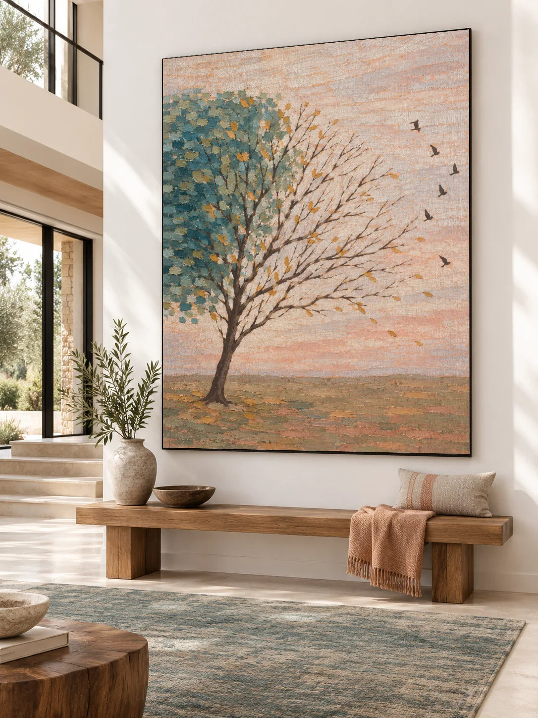 Hand Painted Teal Tree Landscape Wall Art Large Modern Nature Canvas Artwork