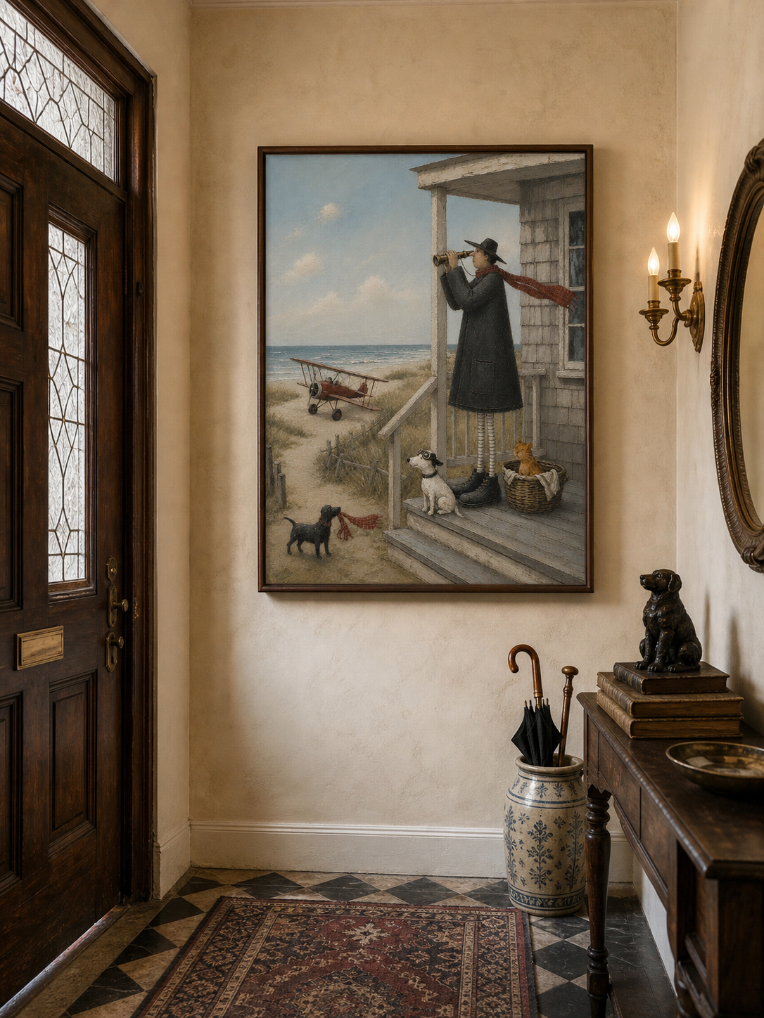Charming Coastal Art Featuring A Seaside Porch And Vintage Biplane