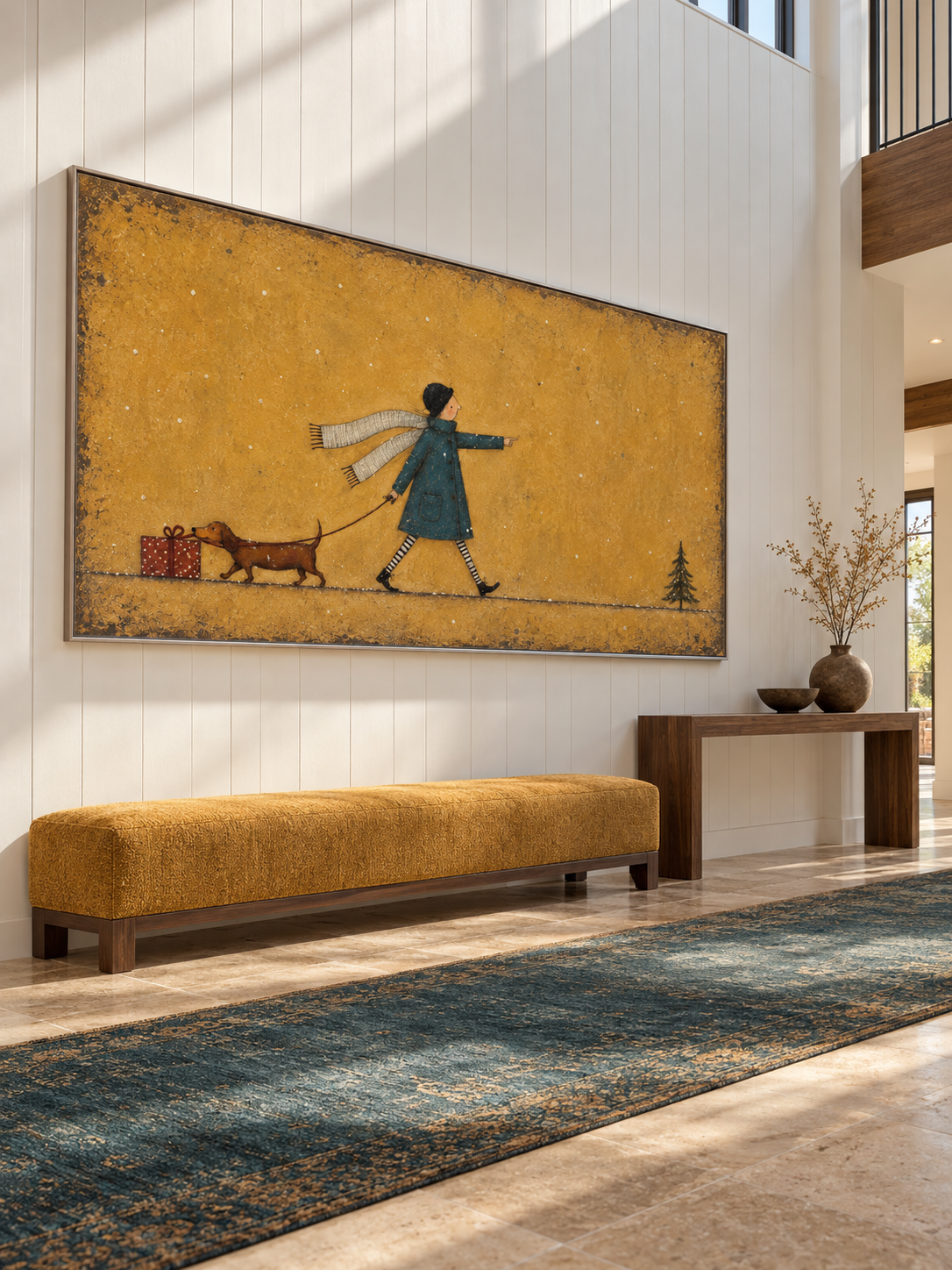 Hand Painted Dog Walk Wall Art Minimalist Playful Christmas Canvas Artwork Painting