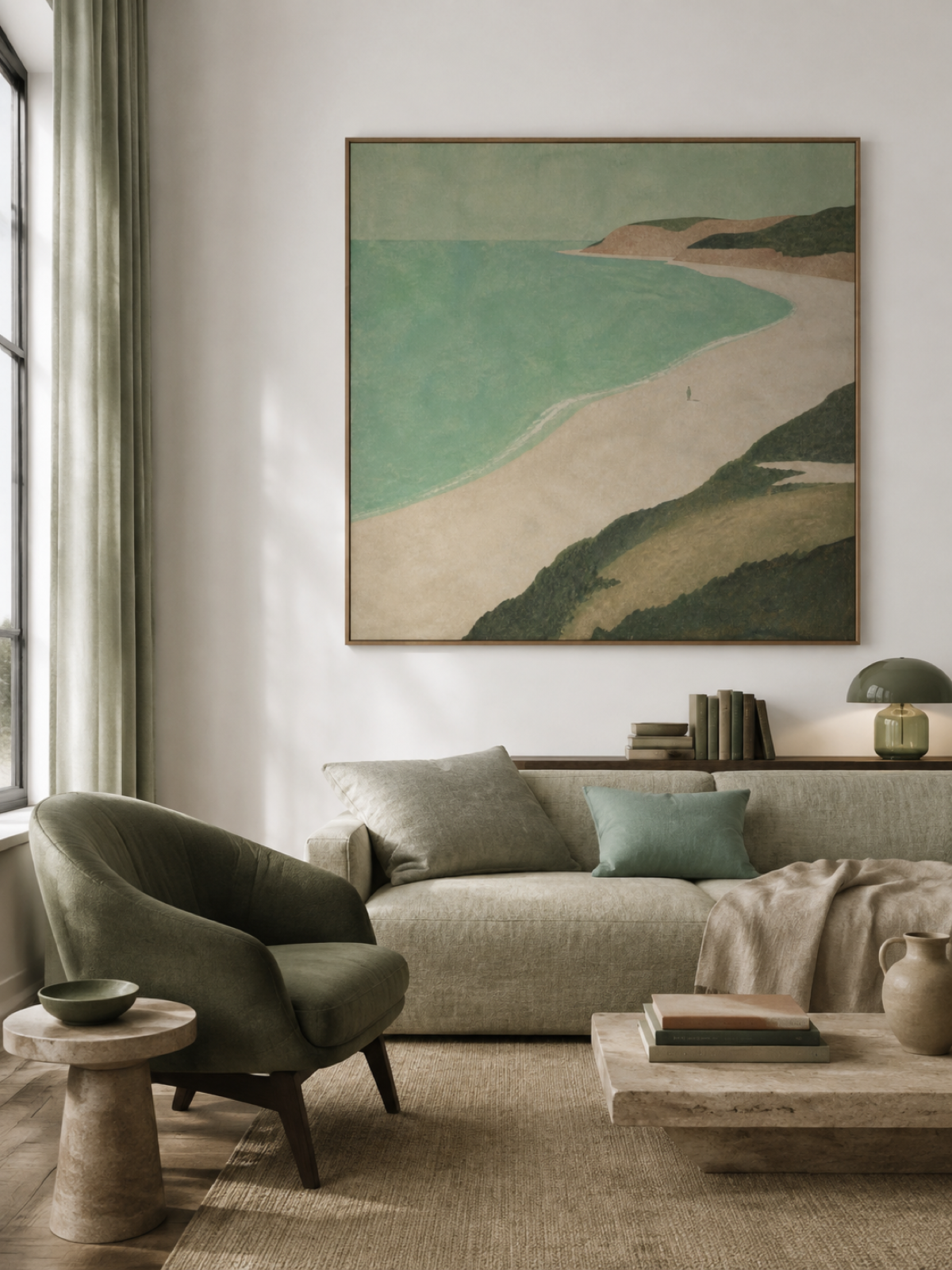 Vintage Minimalist Beach Scene Original Canvas Art With Solitary Figure And Curved Shore