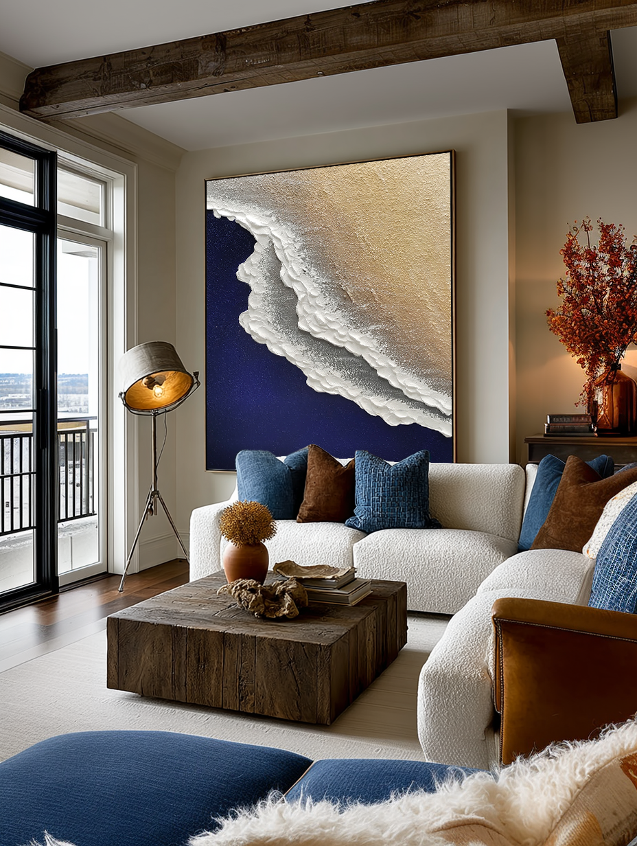 Minimalist Blue Ocean Painting Large Blue Ocean Wall Art Blue Sea Wave Textured Wall Art White Ocean Wave Painting