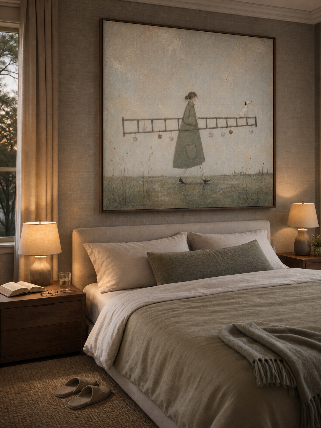 Original Man With Ladder Oil Painting Handmade Whimsical Wall Art For Living Room