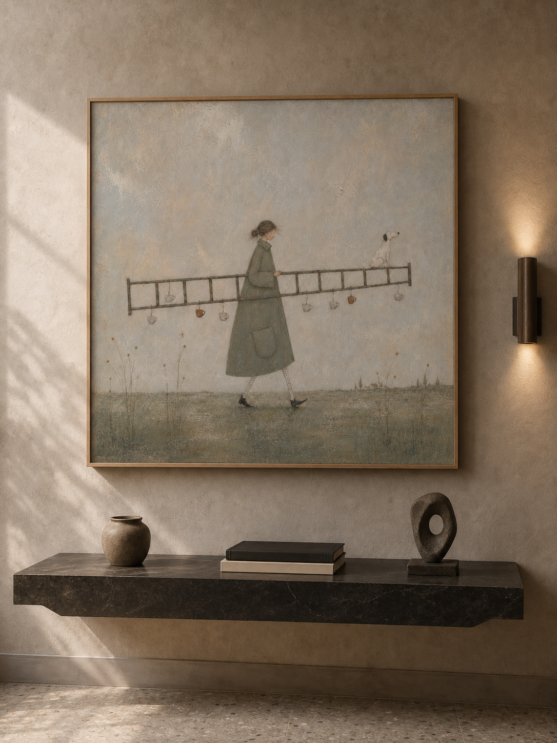 Original Man With Ladder Oil Painting Handmade Whimsical Wall Art For Living Room