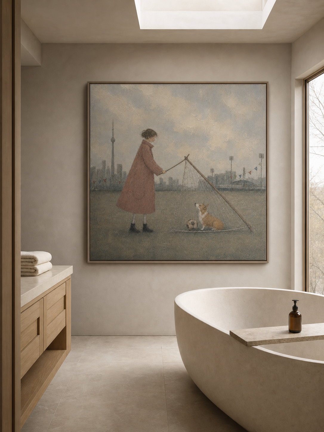 Original Hand Painted Corgi Soccer Painting Whimsical City Wall Art