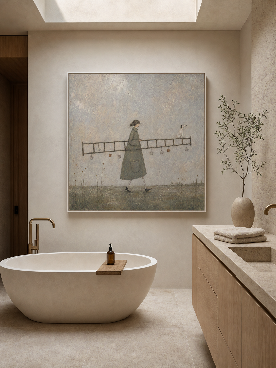 Original Man With Ladder Oil Painting Handmade Whimsical Wall Art For Living Room