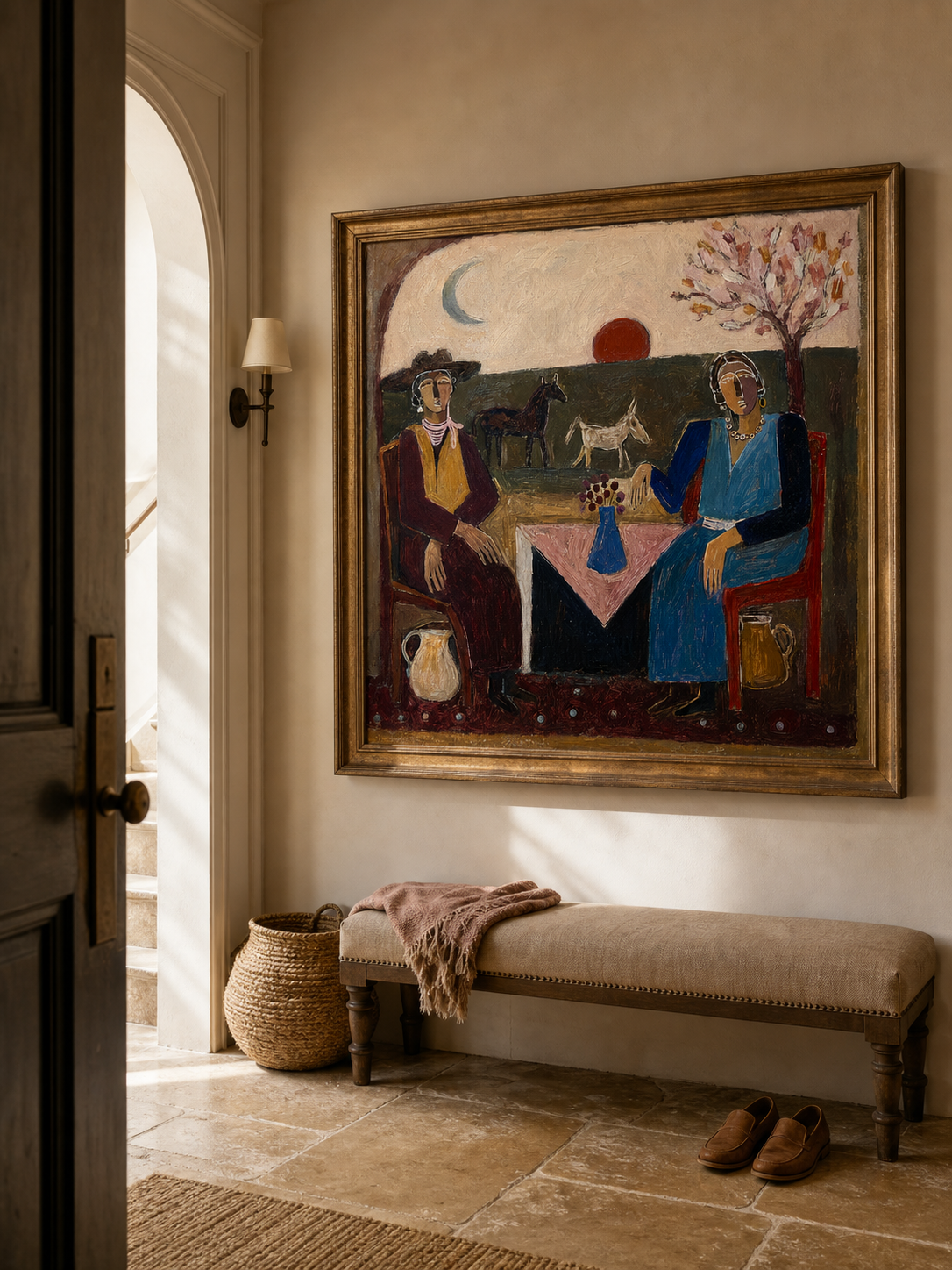 Boho Mediterranean Interior Painting Vintage Inspired Boho Figurative Art For Living Room Decor