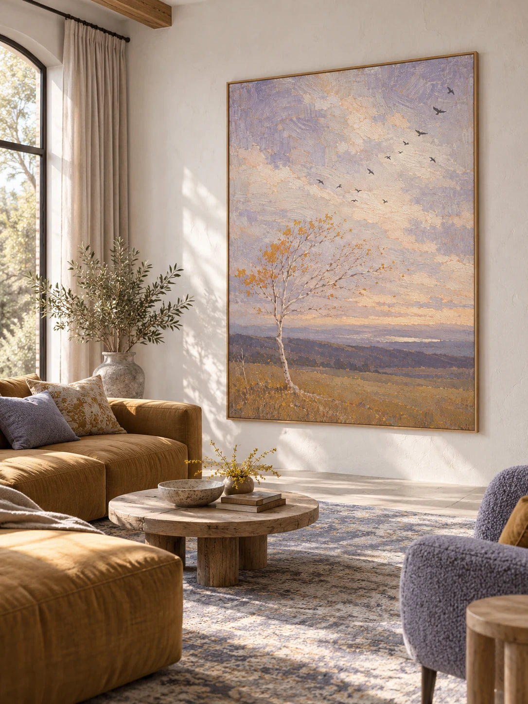 Large Hand Painted Autumn Birch And Birds Landscape Wall Art