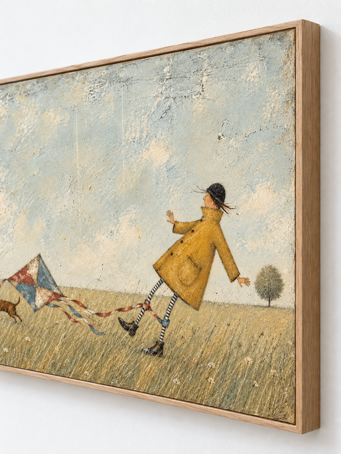 Whimsical Girl And Dachshund With Kite Hand-Painted Canvas Art