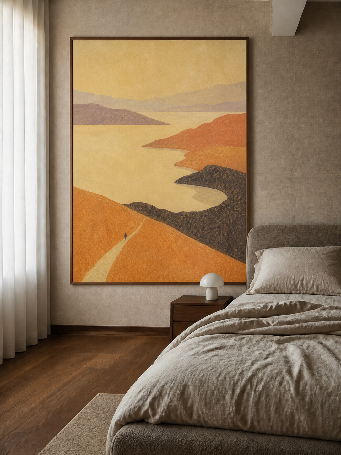 Abstract Lake Landscape Canvas Painting With Solitary Figure In Beige And Brown