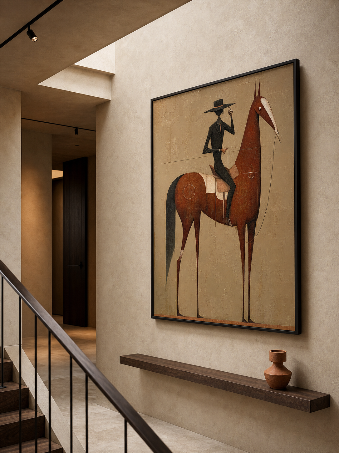 Vintage Equestrian Oil Painting Brown Horse Rider Vertical Canvas Wall Decor For Living Room