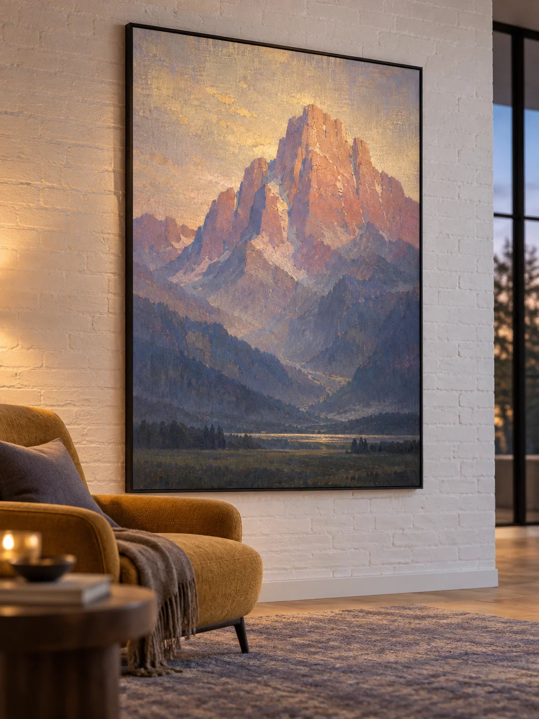 Majestic Mountain Landscape Painting Alpine Valley Nature Wall Art Sunlit Peaks Scenic Canvas Decor