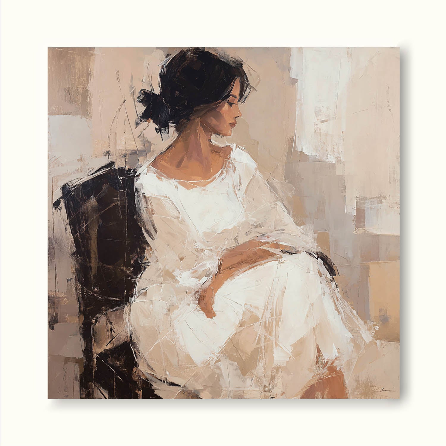 Minimalist Beige And Brown Female Portrait Painting Neutral Brown And White Female Figure Handmade Abstract Oil Painting
