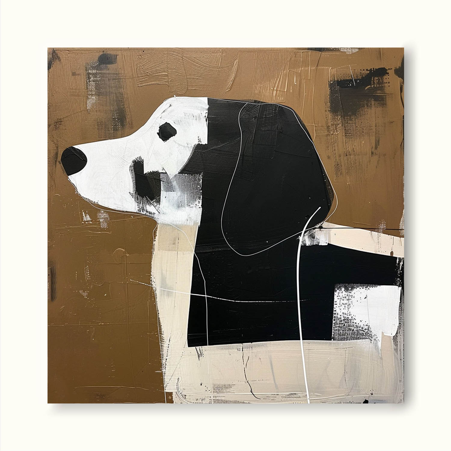 Vintage Black and White Dog Original Oil Painting Large Original Dog Canvas Wall Art Vintage Minimalist Art