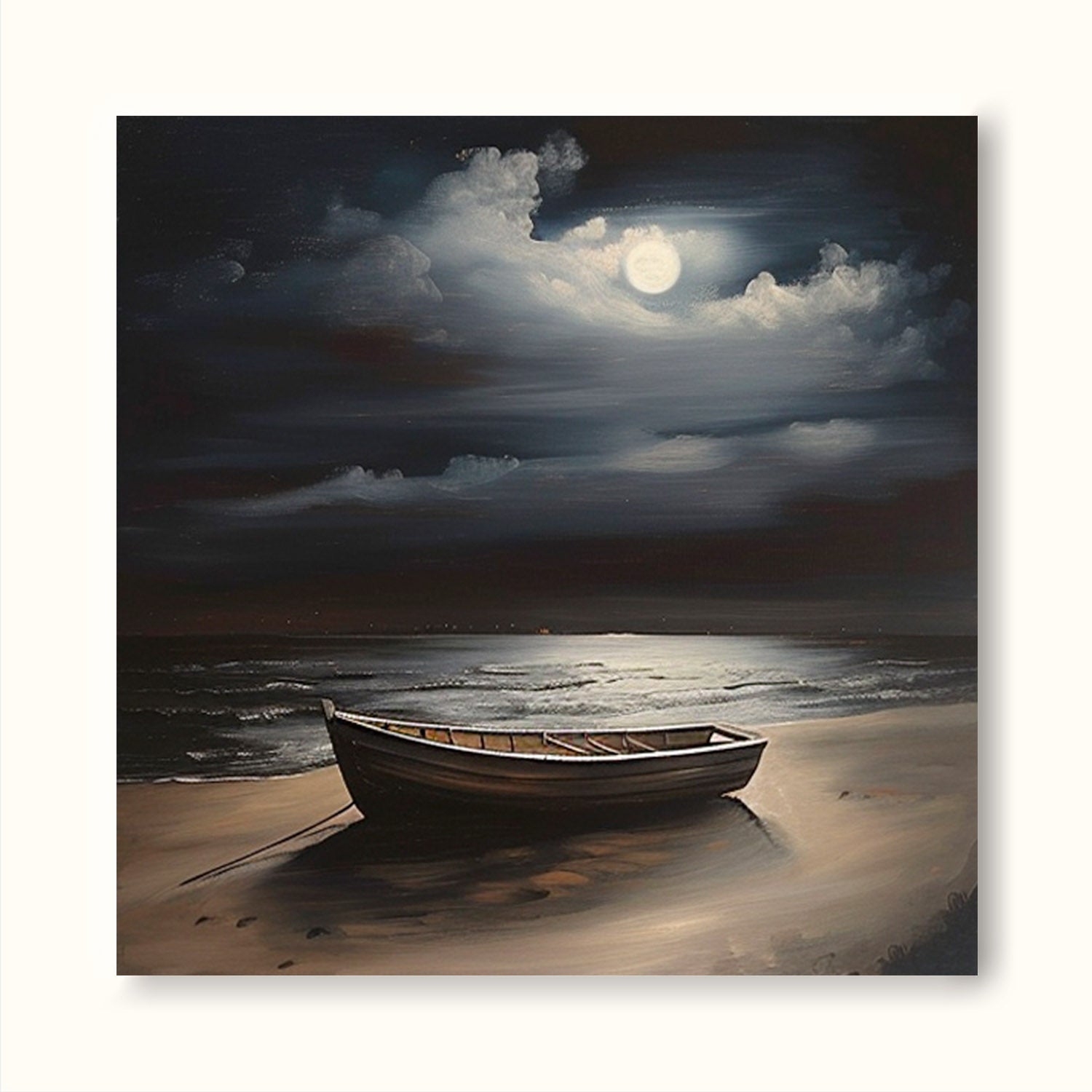 Moonlight Ocean Retro Painting Hand Drawn Night Ocean Wall Art Large Sea Moon Ship Oil Painting