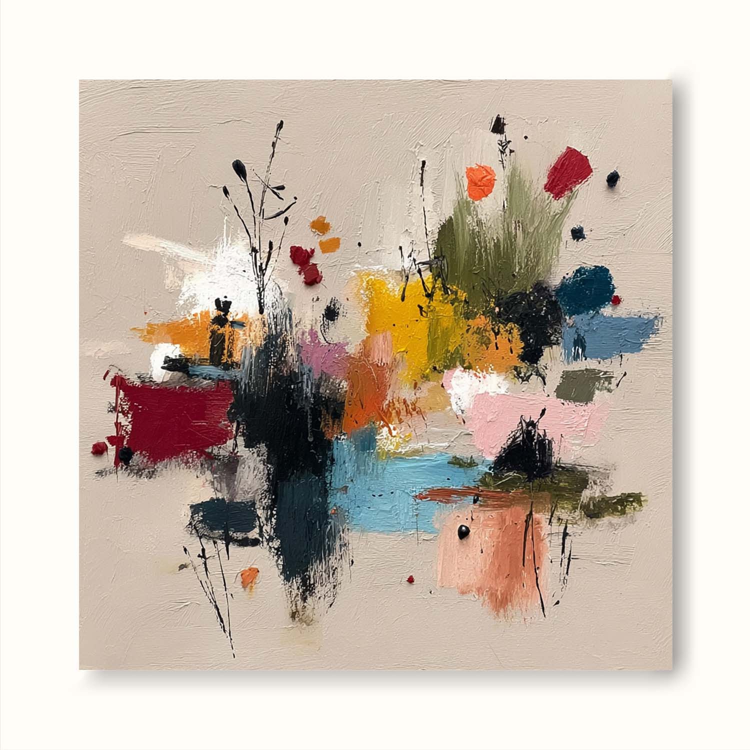 Minimalist Botanical Wall Art In Warm Beige And Pastel Pink Tones Square Original Painting For Organic Modern Home