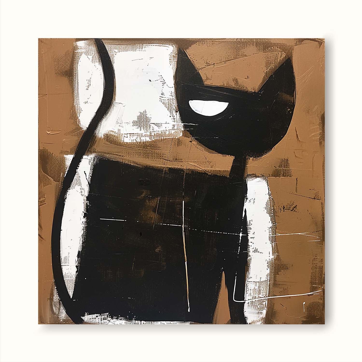 Retro Abstract Cat Painting Vintage Large Cat Wall Art Large Black And White Cat Painting Retro Neutral Home Decor