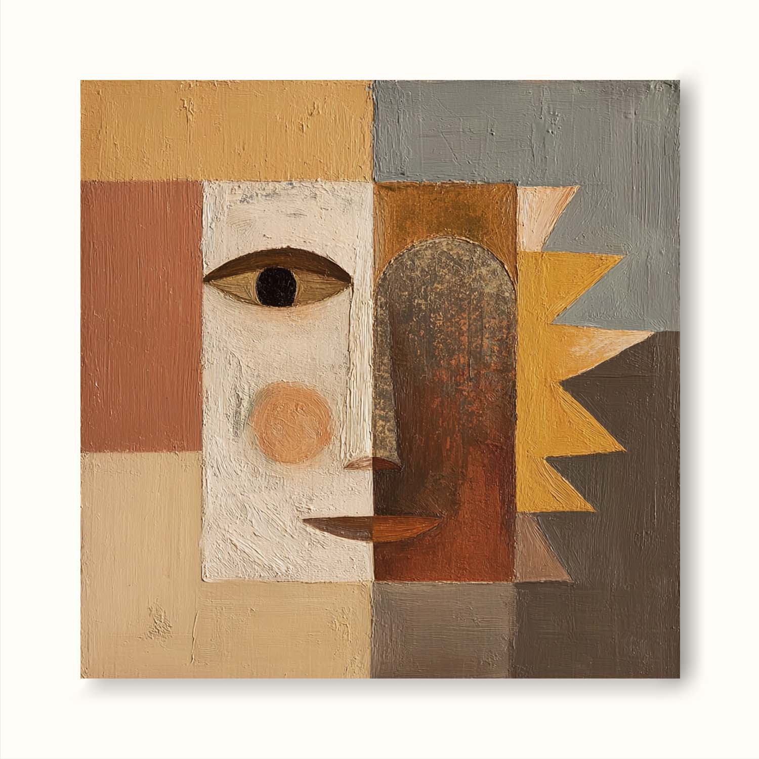Contemporary Brown And Cream Geometric Portrait Painting Handmade Brown And Beige Geometric Abstract Painting