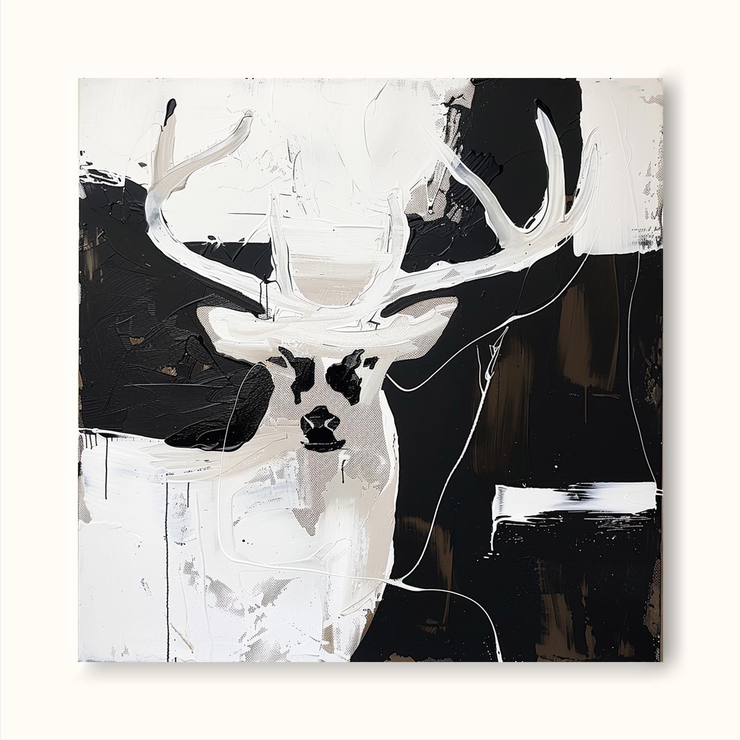 Vintage-Inspired Neutral Deer Painting Black And White Deer Painting Large Black And White Abstract Canvas Art