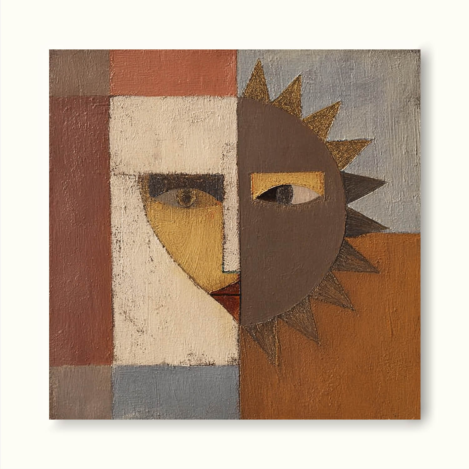 Large Abstract Sun Facial Art Handmade Colorful Geometry Oil Painting Original Earth Tone Geometric Abstract Painting