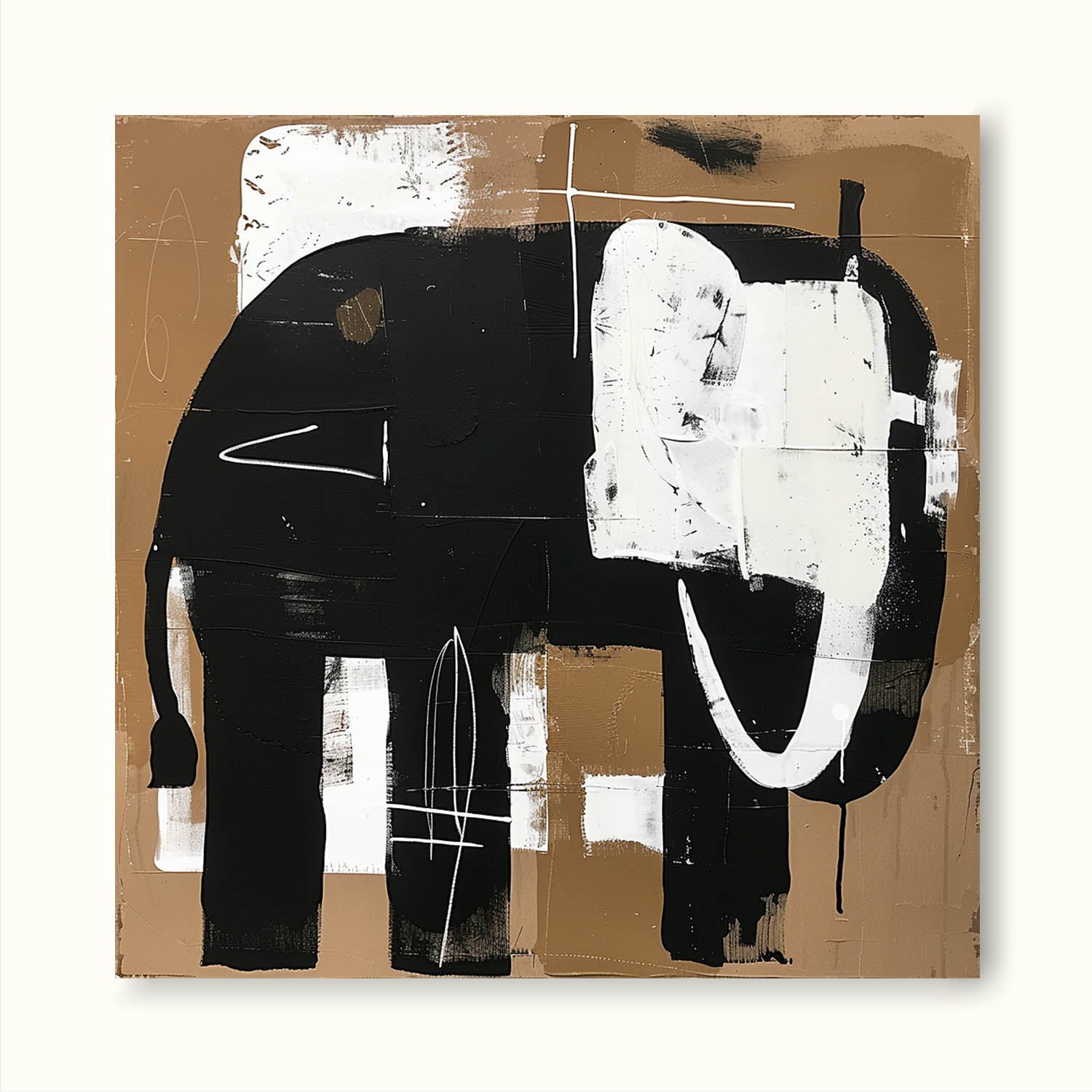 Vintage Elephant Wall Art On Canvas Large Neutral Abstract Acrylic Painting Original Vintage Elephant Painting