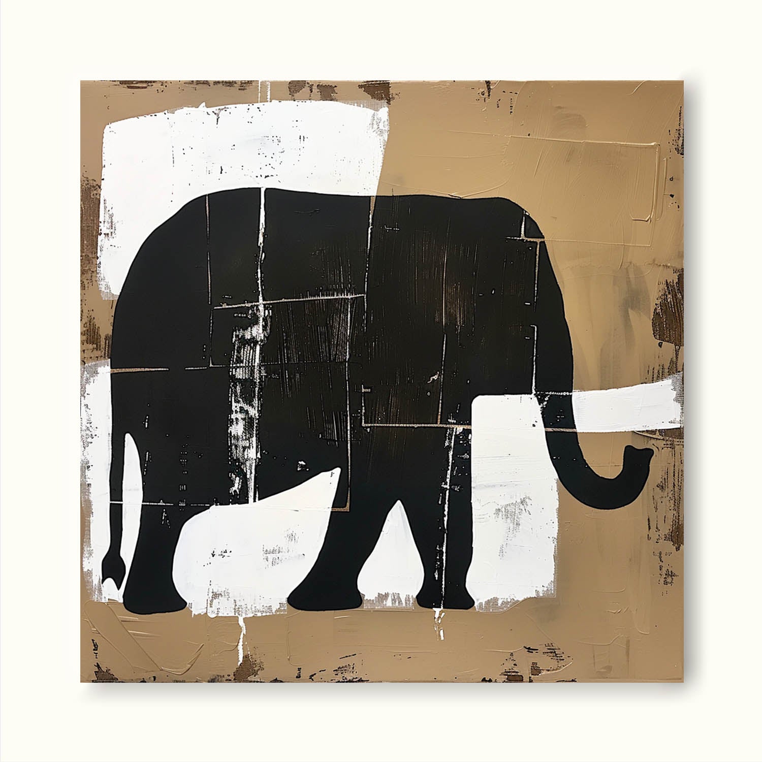 Retro Elephant Acrylic Painting On Canvas Large Neutral Elephant Painting Large Neutral Artwork