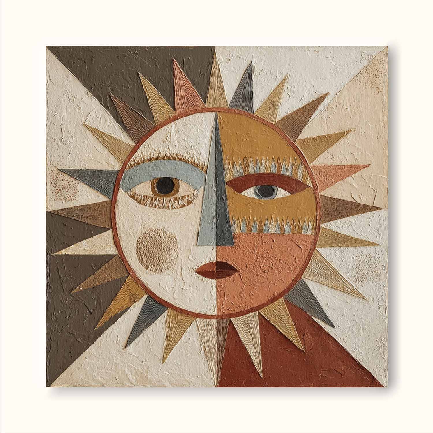 Handmade Textured Geometric Abstract Sun Face Art Original Textured Abstract Sun Face Oil Painting Neutral Earth Tone Painting