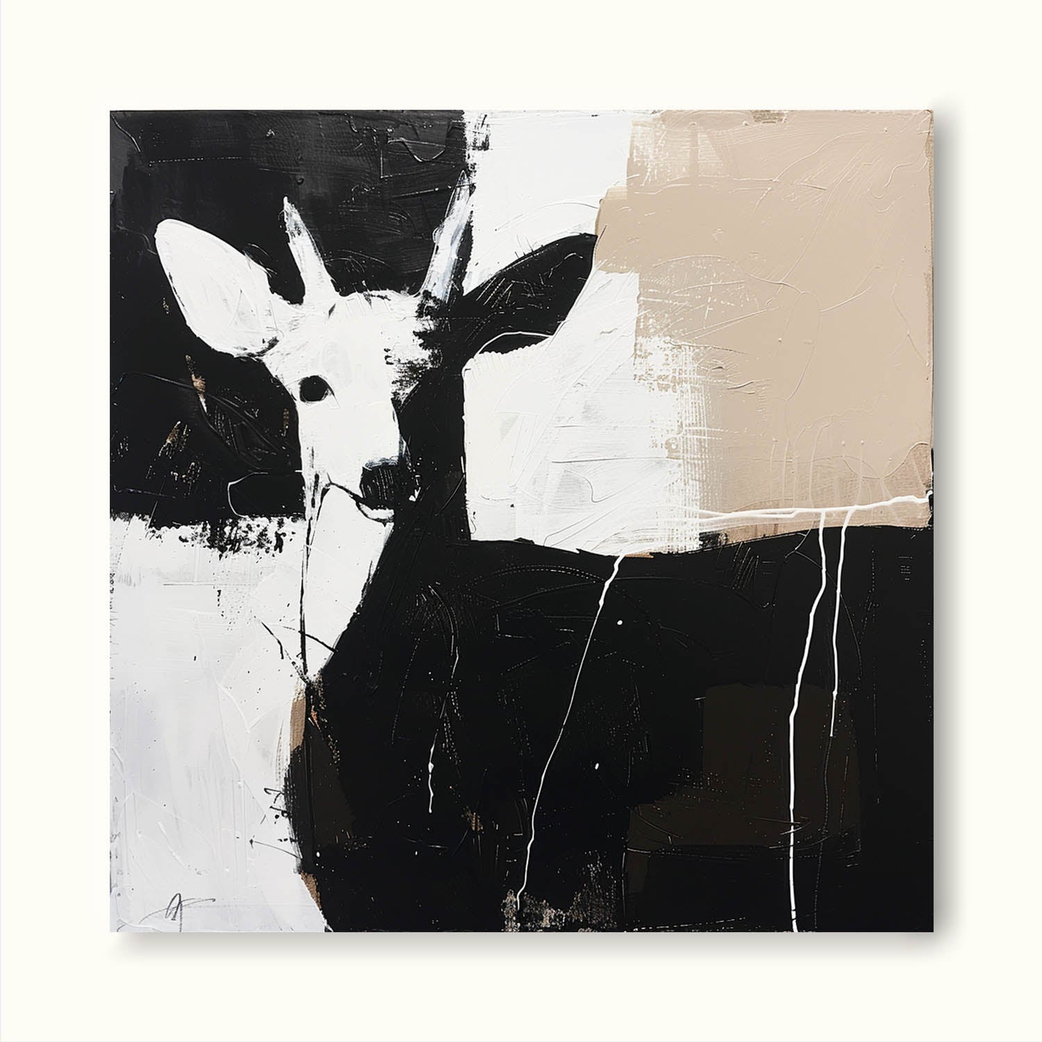 Retro Original Black And White Deer Painting Large Black And White Canvas Art Retro Minimalist Deer Painting On Canvas