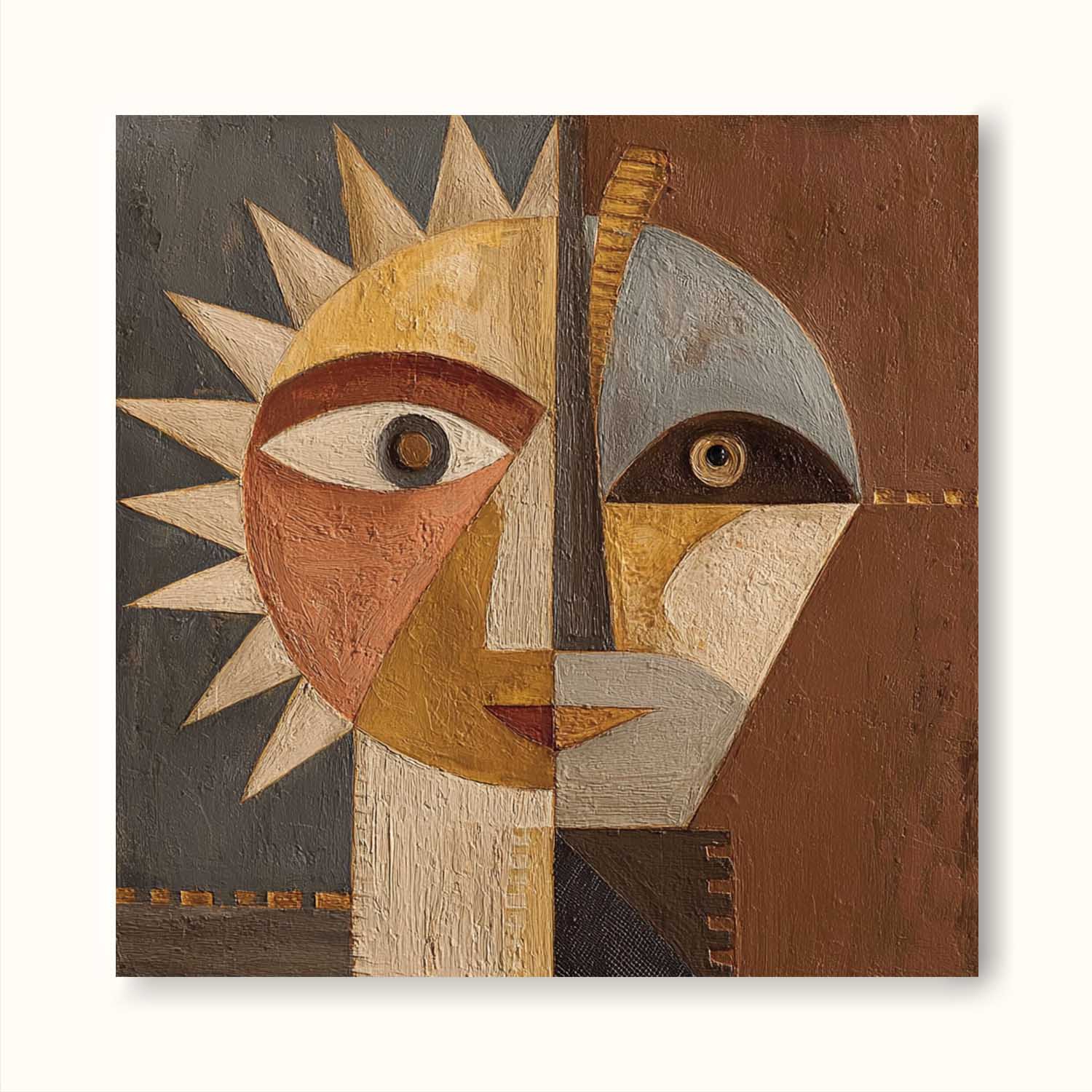 Handmade Textured Abstract Portrait Oil Painting Neutral Brown Canvas Artwork Large Textured Geometric Sun Face Art
