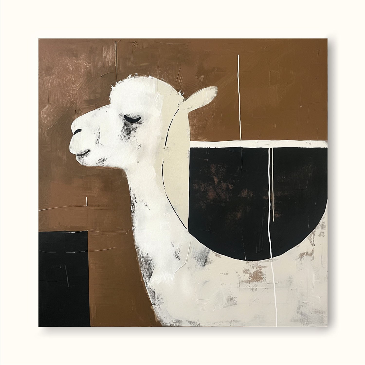 Vintage Black and White alpaca Painting on Canvas Neutral Background Wall Art Retro Abstract alpaca Art