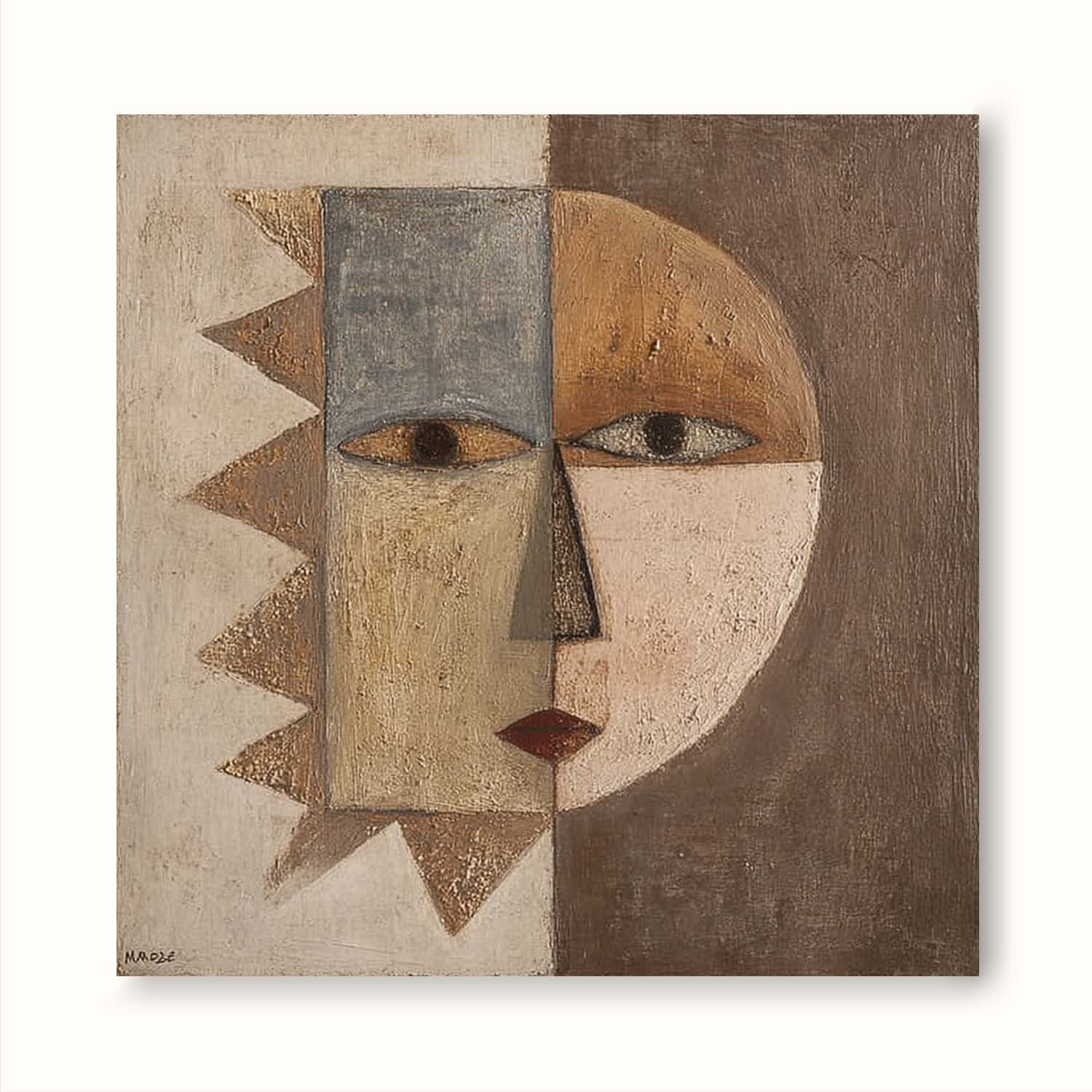 Neutral Textured Geometric Abstract Face Art Wabi Sabi Textured Abstract Portrait Painting Brown And Beige Canvas Painting