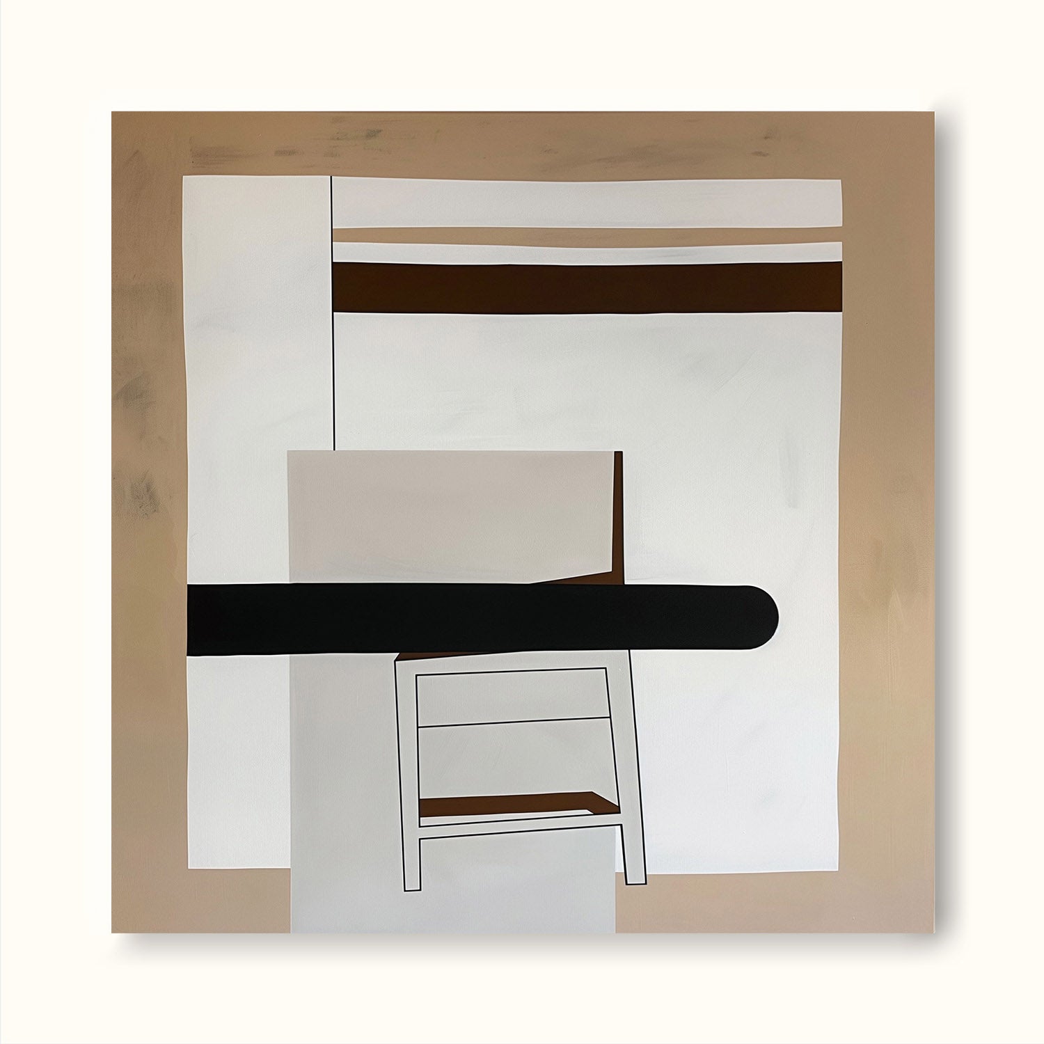 Large Retro Abstract Oil Painting Beige And Black Retro Wall Art Vintage Abstract Oil Painting