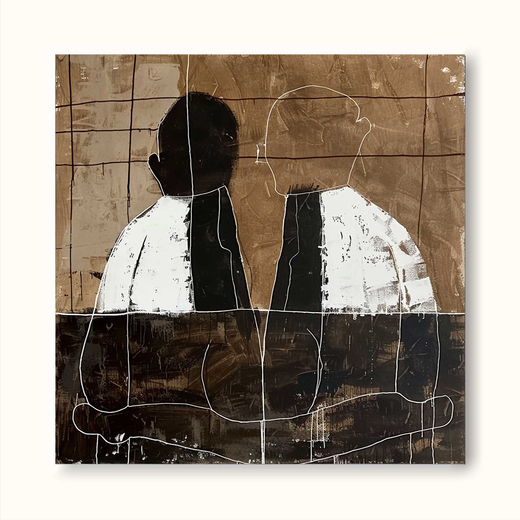 Vintage White And Black Abstract Figure Painting Original Minimalist Black And White Painting