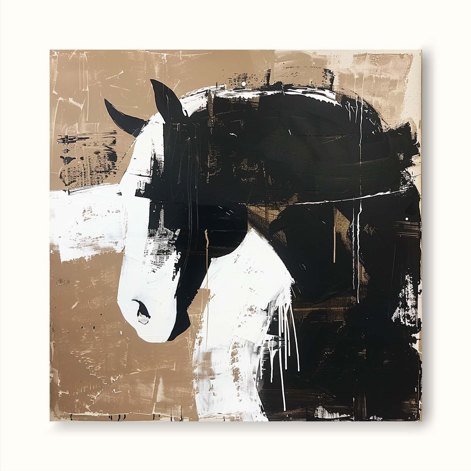 Original Vintage Black And White Horse Wall Art Retro Wabi Sabi Oil Painting Retro Neutral Decor