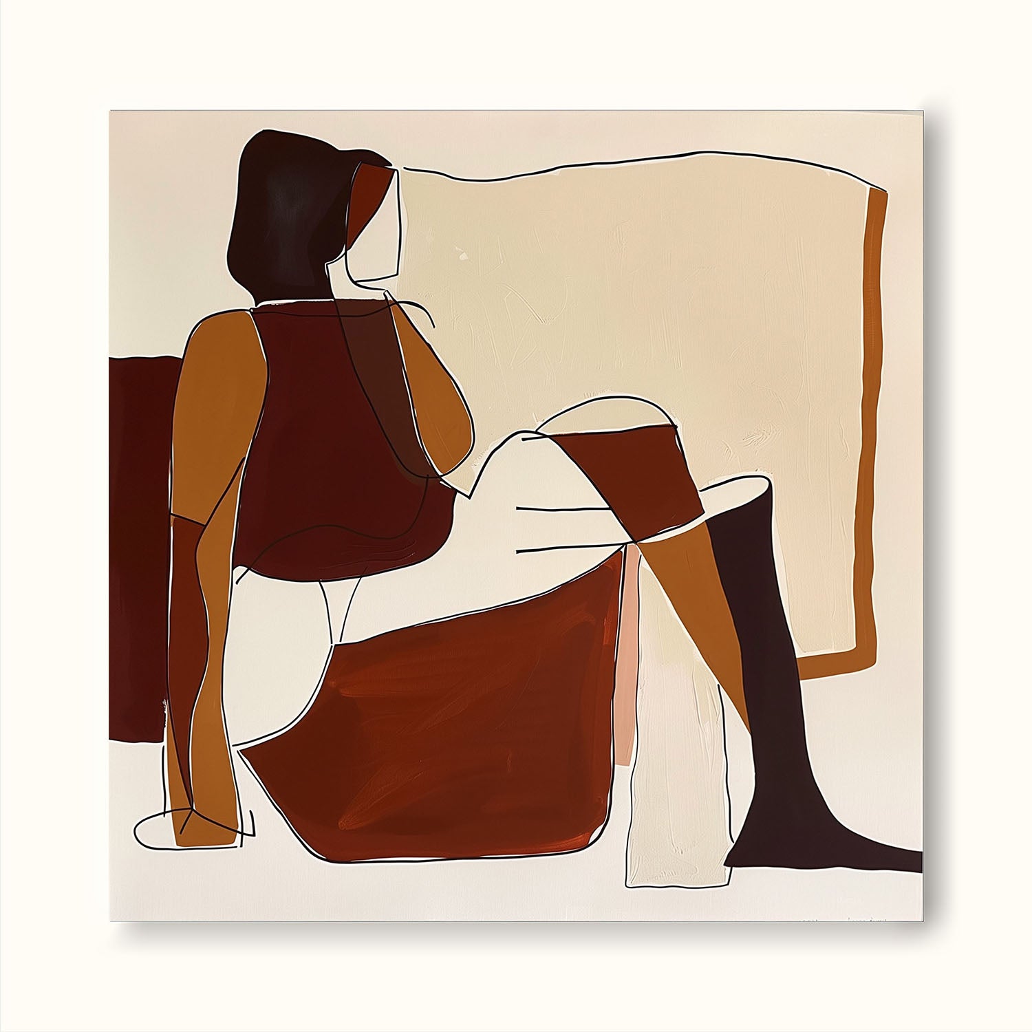 Minimalist Abstract Painting Of Sitting Woman Mid Century Wall Artwork Colorful Woman Face Painting