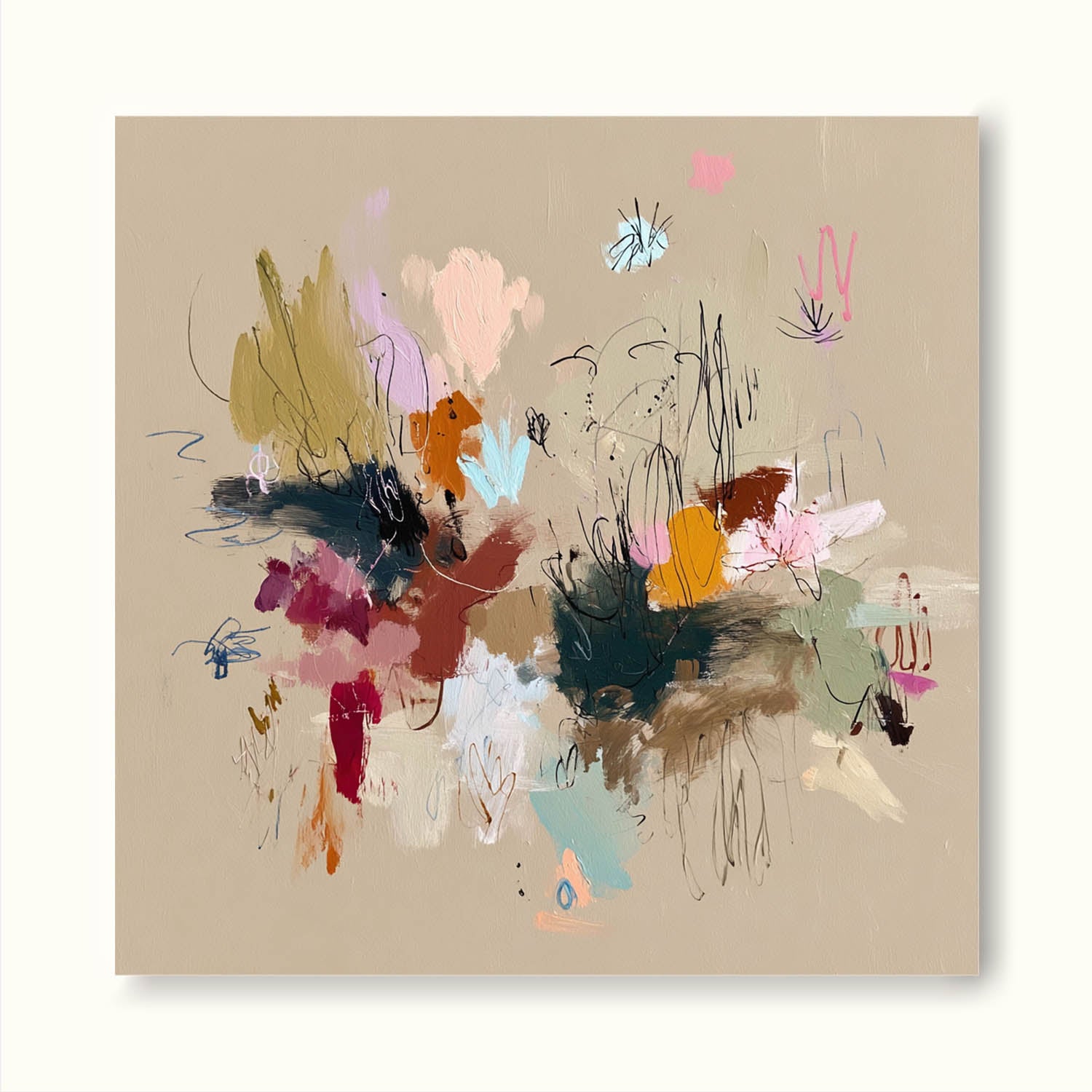 Handmade Abstract Expressionist Wall Art On Beige Canvas Original Colorful Painting For Contemporary Interiors