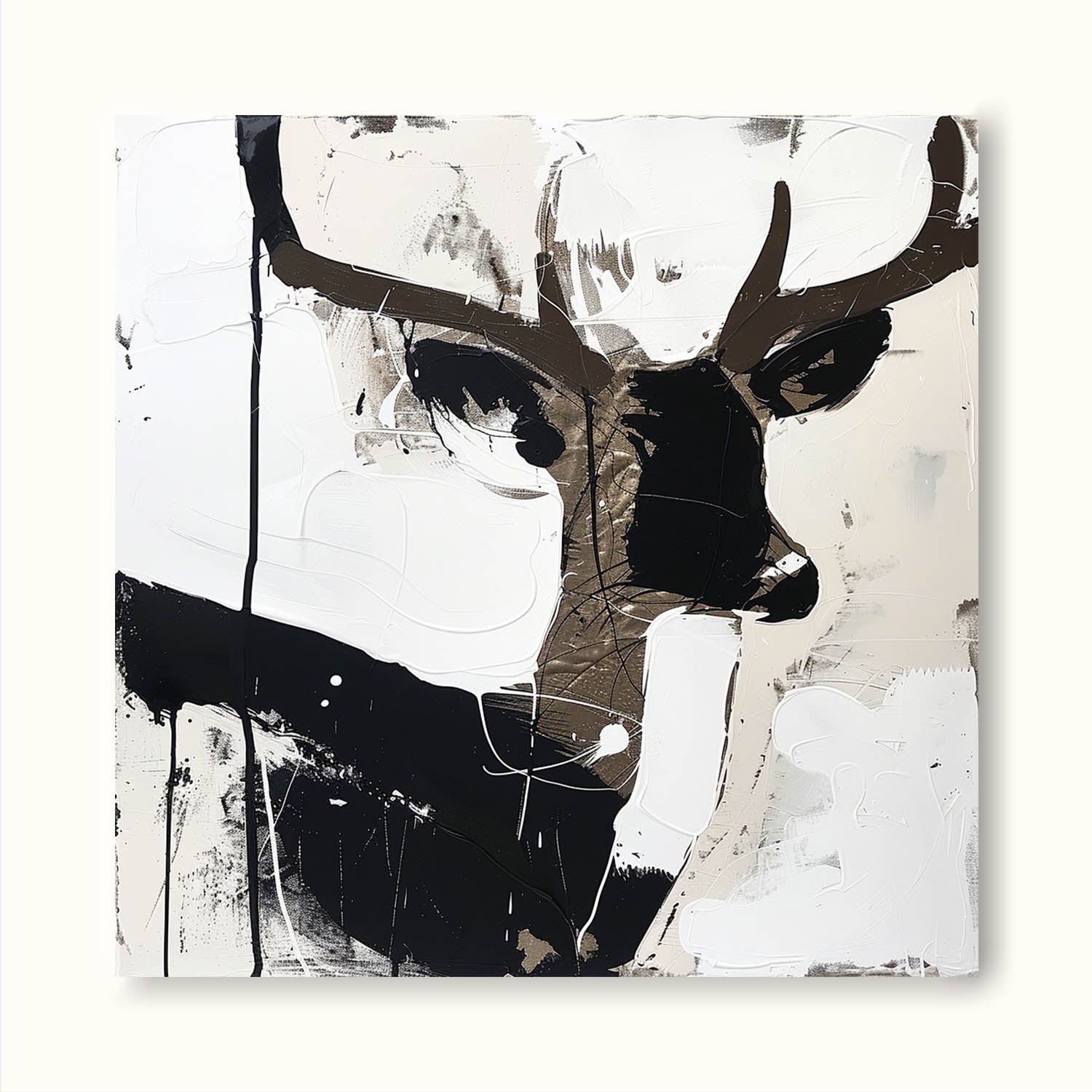 Vintage Black And White Stag Canvas Art Large Abstract Minimalist Deer Painting Deer Home Decor