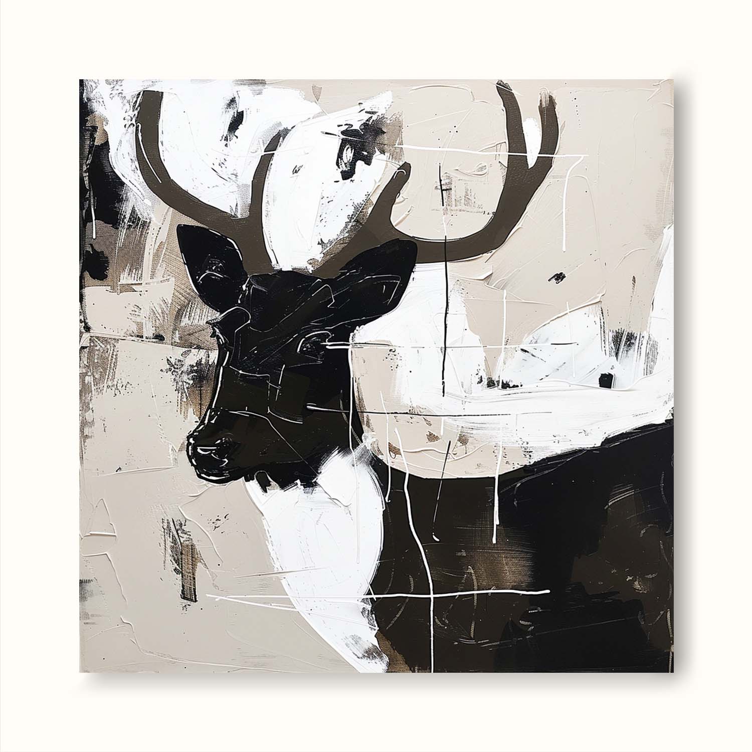 Vintage Black And White Abstract Deer Neutral Wall Art Acrylic Painting Vintage Canvas Wall Art Large Neutral Decor