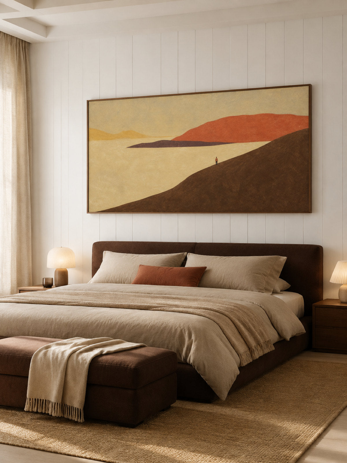 Hand-Painted Rust Red Lake Landscape Canvas Wall Art With Small Lone Figure