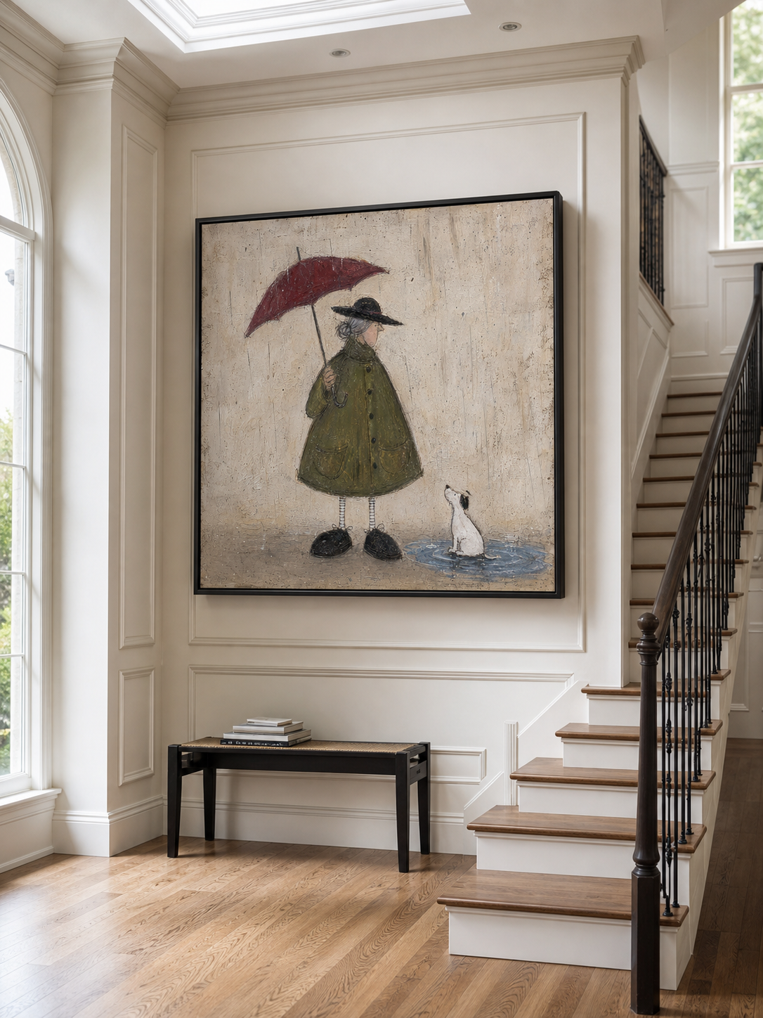 Vintage Man With Dog Painting Red Umbrella Retro Wall Art For Living Room