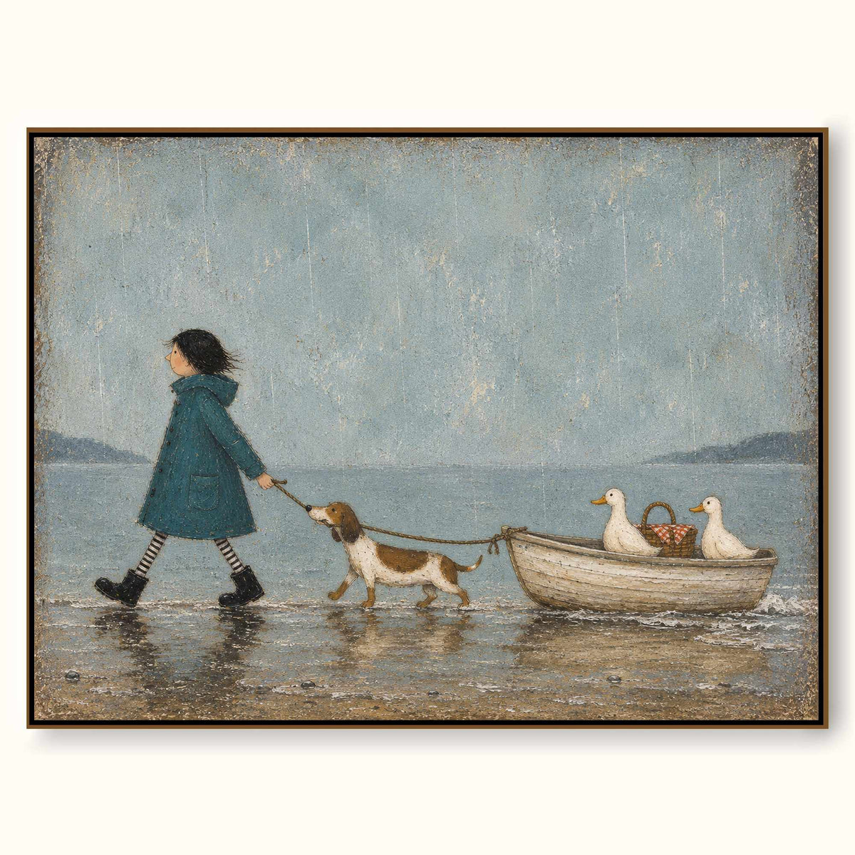 Whimsical Rainy Day Canvas Art With Girl Dog And Ducks For Kids Room Decor