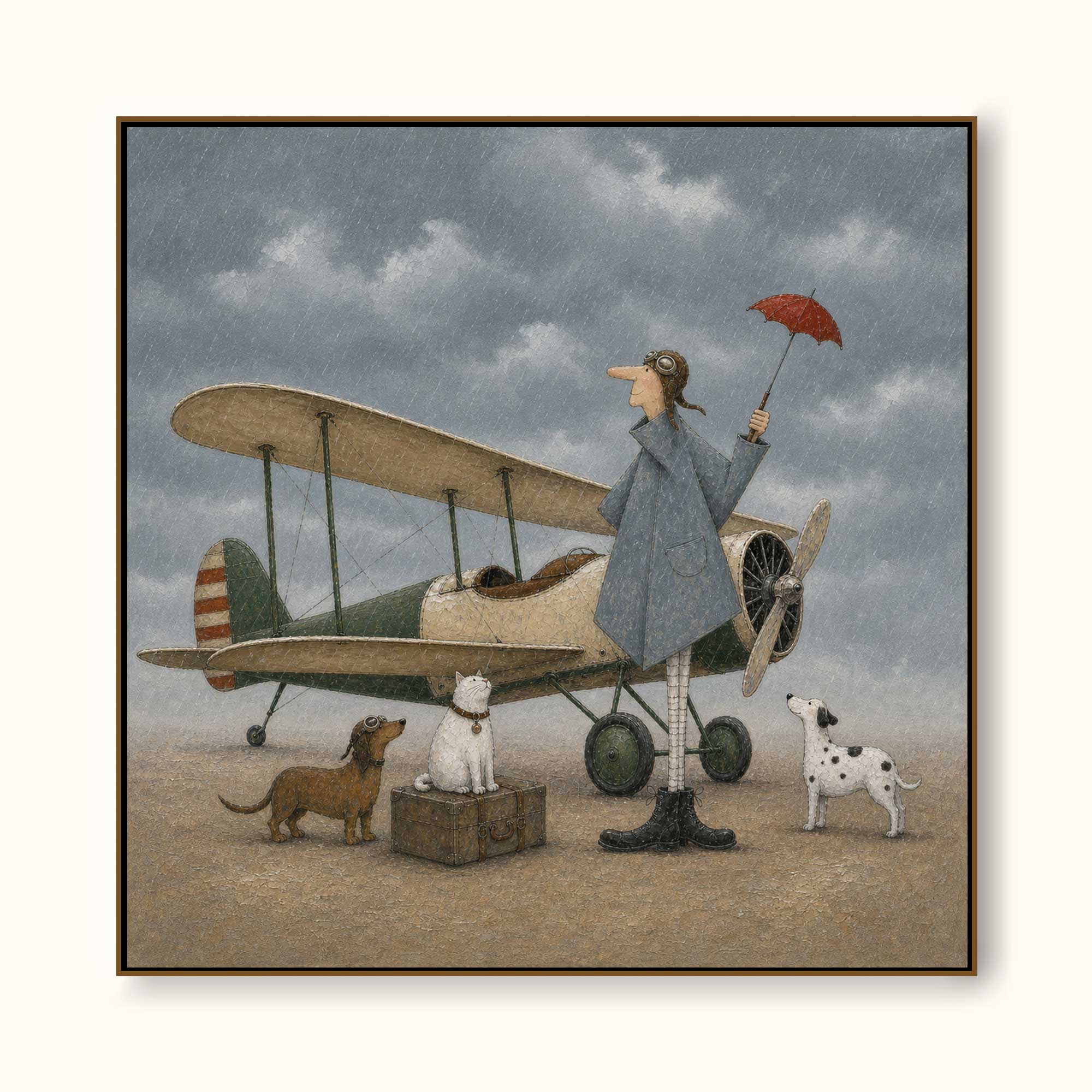 Minimalist Vintage Airplane Canvas Painting Handmade Retro Pilot With Dogs Art