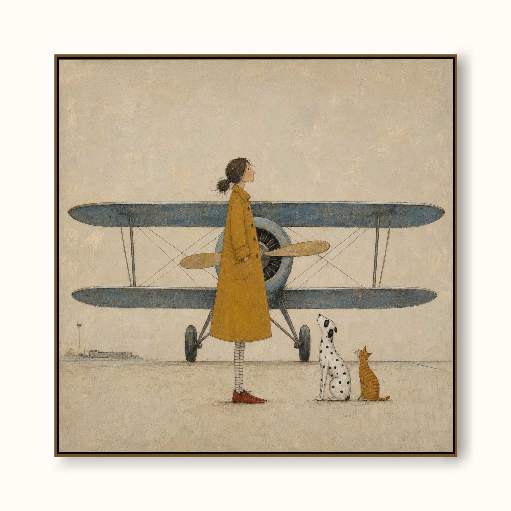 Whimsical Girl And Airplane Painting Retro Illustration On Linen Canvas For Home