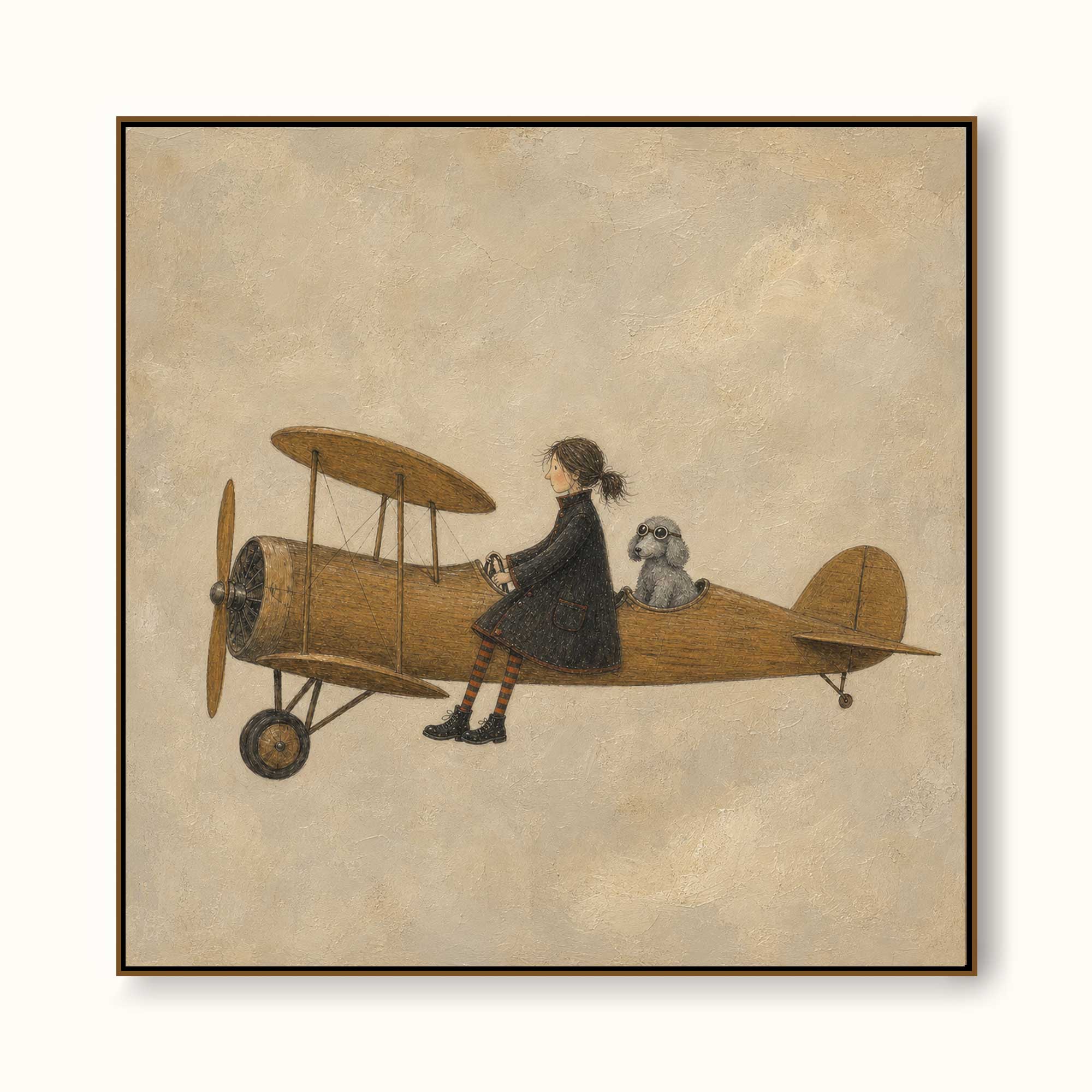 Whimsical Pilot And Dog Aviation Painting Vintage Style Art For Home Decor