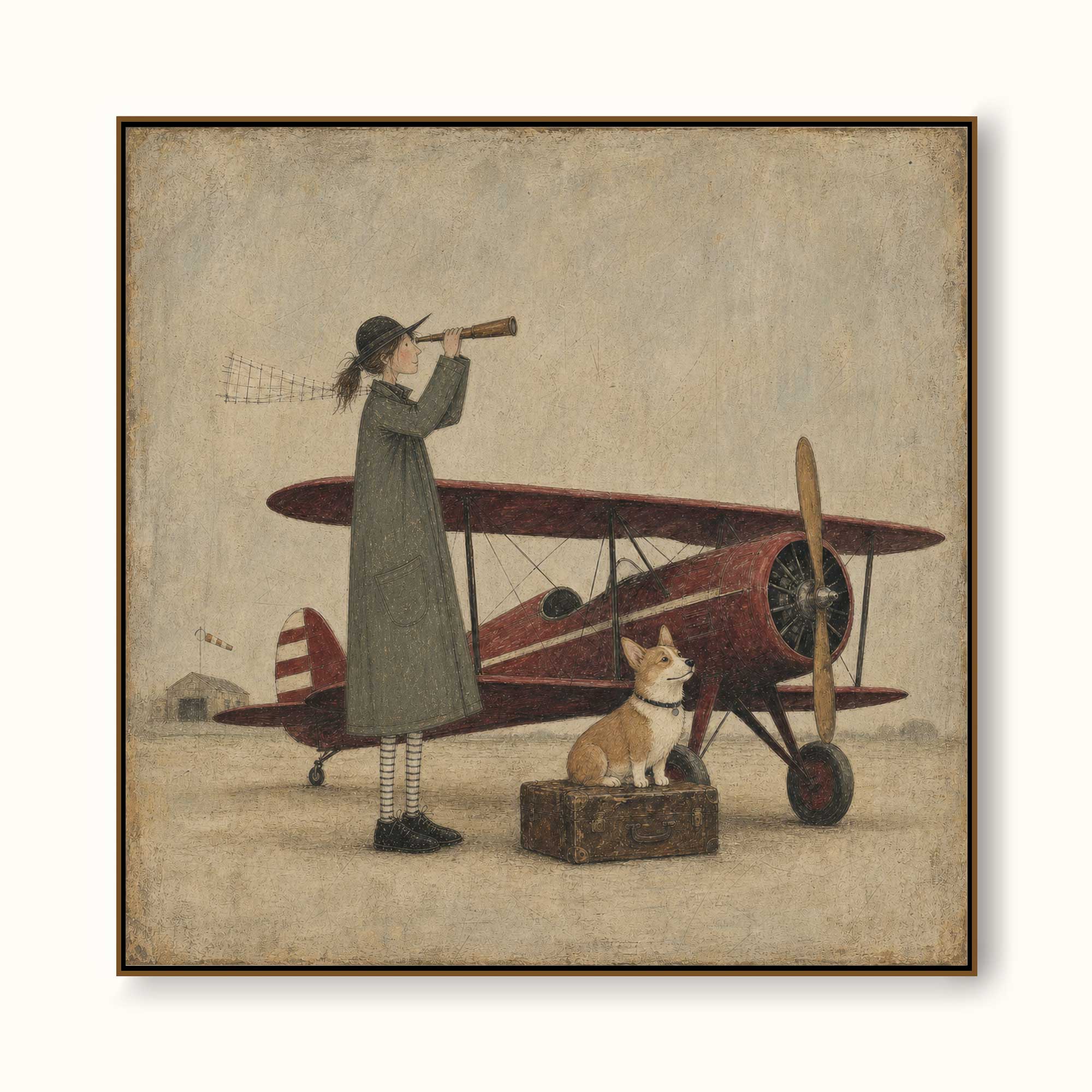Vintage Airplane And Dog Painting For Travel Lovers Home Decor Art