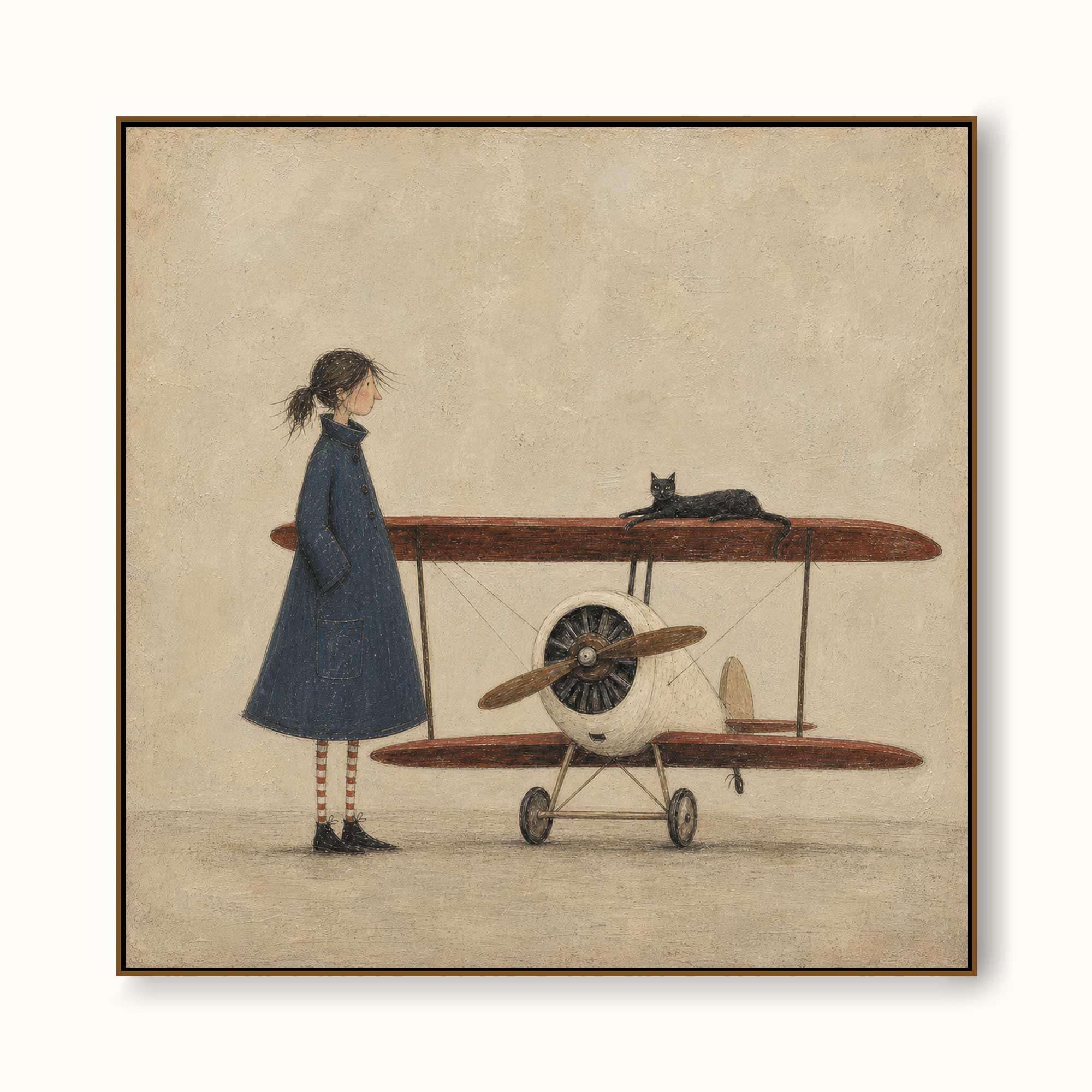 Vintage Airplane Art With Whimsical Figure In Square Canvas Framed For Modern Home Decor